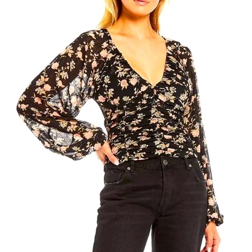 Free People - Final Rose Floral Print Balloon Sleeve Ruched Top Blouse Small